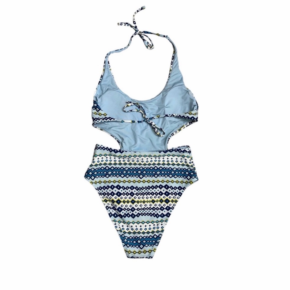 Aerie Blue and Green Patterned One Piece Swimsuit monokini cut out - Picture 2 of 4